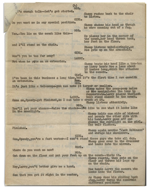 Moe Howard's 5pp. Script for a Scene With Moe, Larry & Shemp -- Entire Skit Is a Funny Double Entendre With the Stooges Playing Fashion Photographers -- Missing 1st Page -- Very Good Condition